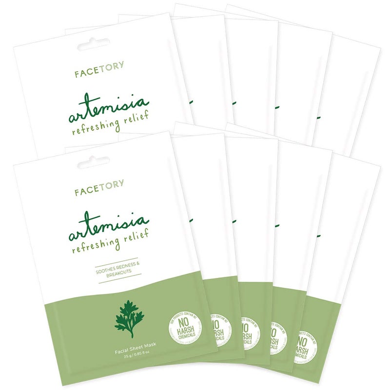 FACETORY K Beauty Face Mask Skin Care - ARTEMISIA REFRESHING RELIEF Sheet Mask with Artemesia Plant Extract | Soothes Redness & Breakouts (10 Pack) - Image 1